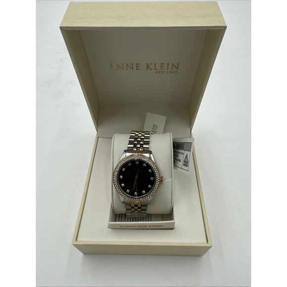 Anne Klein 12/7743BMTT Women’s 36mm Crystal Accent Black MOP Dial Watch – NWT - Picture 1 of 7